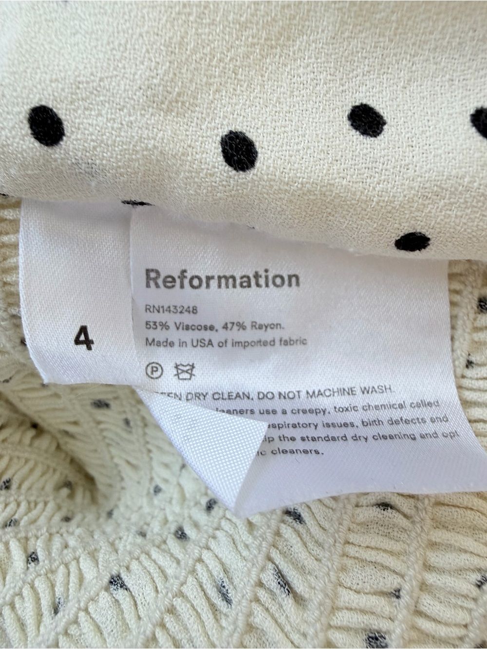 REFORMATION Nina Blouse Polka Dot Puff Sleeve Womens Top Size 4 Ivory Black - Picture 8 of 10